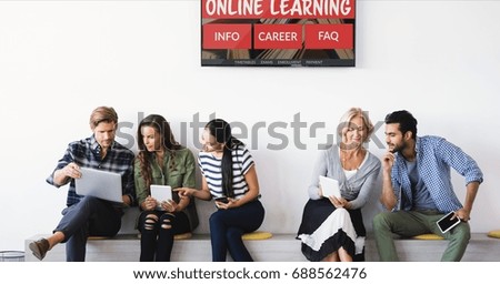 Digital composite of People sitting under a TV with e-learning information in the screen