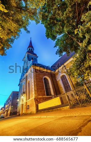 Parnu, Estonia, Baltic States: the old town and St. Elizabeth’s Church at night
