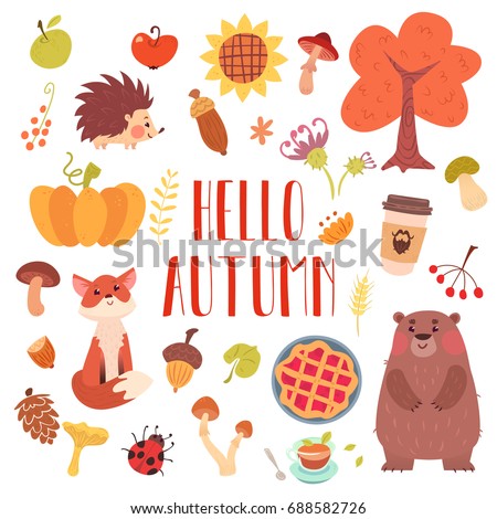 Hello autumn cute animals and attribute set. Forest adorable fox, bear, hedgehog, plants and food.