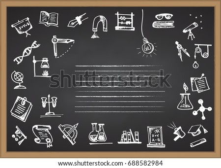 Back to school. Hand drawn school icons and symbols on chalkboard. With place for your text Vector illustration