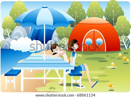 Happy Trip with Cute Friends - traveling in beautiful natural park with young female and male on summer vacation background with bright blue sky and green wood : vector illustration