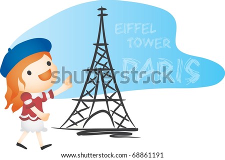 Happy Tour with Cute Child - traveling in beautiful Paris : vector illustration