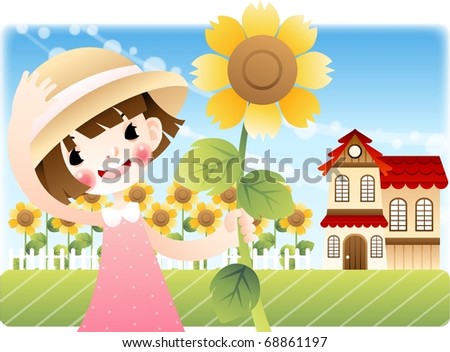 Happy Tour with Cute Child - traveling in beautiful countryside with smiling lovely girl on summer vacation background with bright sunny and blue sky : vector illustration