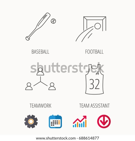 Football, team assistant and baseball icons. Teamwork linear sign. Calendar, Graph chart and Cogwheel signs. Download colored web icon. Vector