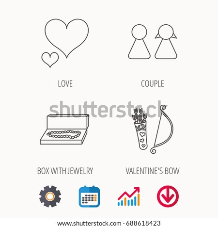 Love heart, jewelry and couple icons. Valentine amour arrows linear signs. Calendar, Graph chart and Cogwheel signs. Download colored web icon. Vector
