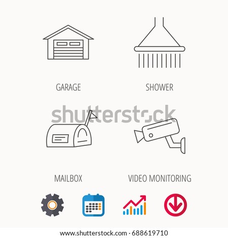 Mailbox, video monitoring and garage icons. Shower linear sign. Calendar, Graph chart and Cogwheel signs. Download colored web icon. Vector