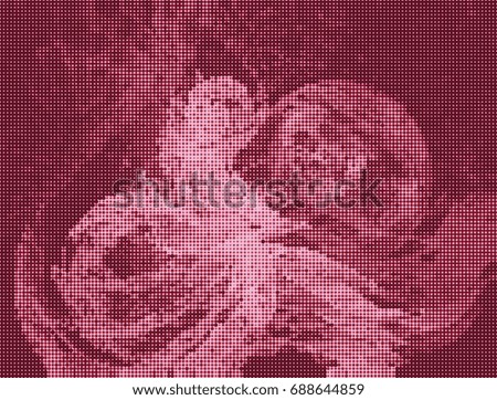 Monochrome abstract background. Spotted halftone effect in red tone. Design element for book covers, presentations layouts, title backgrounds. Raster clip art.