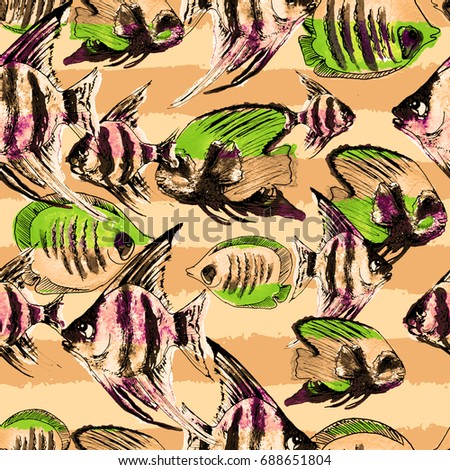 Seamless Pattern with Watercolor Exotic Fish and Horizontal Stripes. Summer Print for Fabric, Textile, Dress, Wallpaper, Tile, Wrapping. Travel Ocean Background. Hand Drawn Fish Illustration.