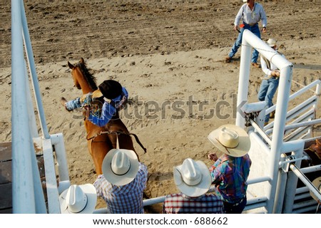 A cowboy comes out of the gate riding bareback.