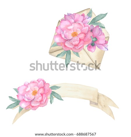 Watercolor composition set with floral elements. Hand drawn illustration