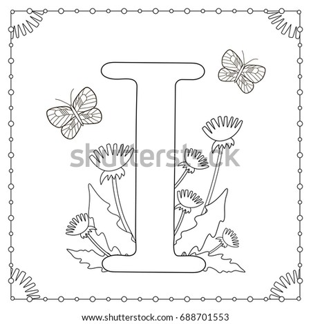 Alphabet coloring page. Capital letter "I" with flowers, leaves and butterflies. Vector illustration.