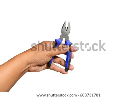 The man's hand holds the blue pliers separate from the white background.
