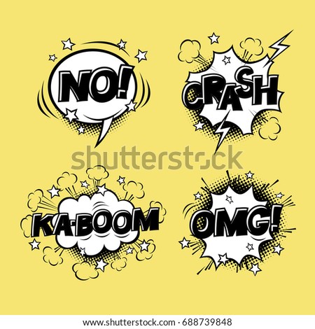 Comic speech bubbles set with different emotions and text KA-BOOM, OMG, NO, CRASH. Vector cartoon illustrations isolated on yellow background. Halftones, stars and other elements in separated layers.
