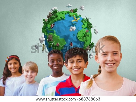 Digital composite of kids friends with blank grey background with planet earth world