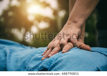 Emergency CPR on a Man who has Heart Attack , One Part of the Process Resuscitation (First Aid) - Healthcare Concept Royalty-Free Stock Photo #688790851