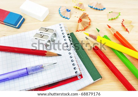 School equipment on writing desk
