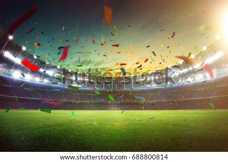 Evening grand stadium championship win with confetti  . Royalty-Free Stock Photo #688800814