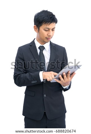 Young businessman working with modern devices, Digital tablet computer and mobile phone isolated on white background, Clipping path