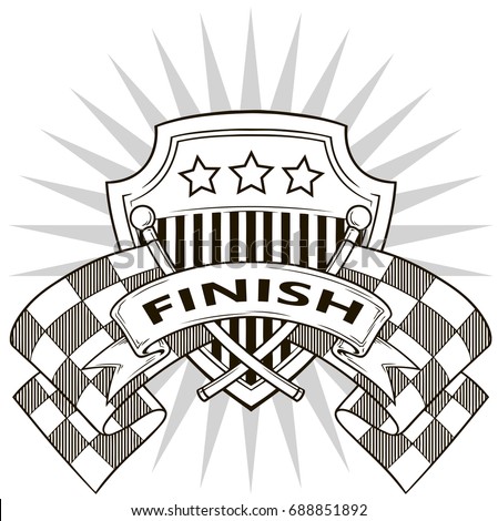 Black and white graphic coat of arms with crossed racing flag stars and shield on white background vector