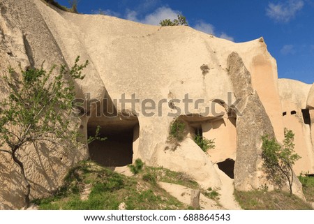 Horizontal shot of cave church in Cappadocia shot on sunny day