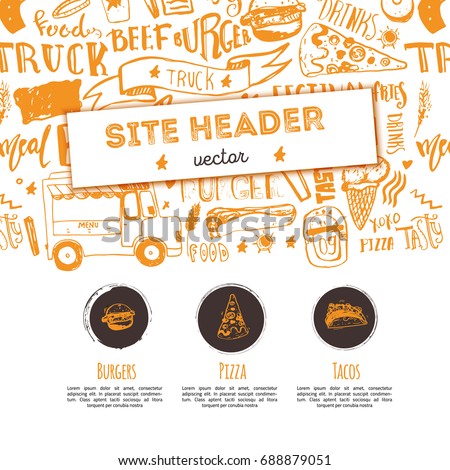 Junk food restaurant vector site header template. Festival promotion design with lettering and icons. Food truck doodle hand drawn sketch