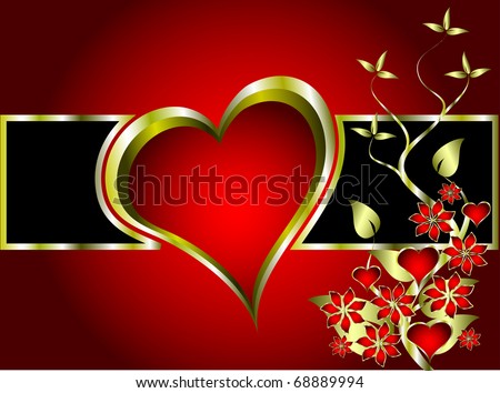 A valentines background with a series of  gold hearts on a deep red backdrop and a large central heart with room for text