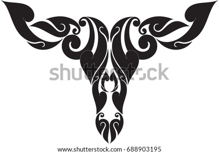 Swirl Doodle Tribal Bull Head, Southeast Asia Traditional Art Style, Arts Symbol, Tattoo Vector Format