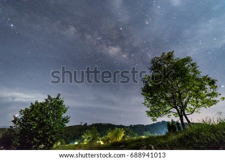 Night photography of Milky Way galaxy. This photo was captured by using long exposure photograph technique with grain.Image contain certain grain.