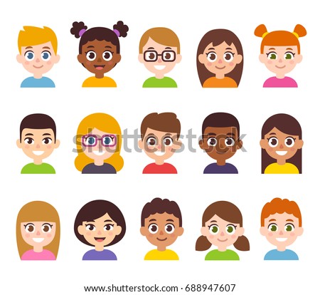 Cartoon children avatar set. Cute diverse kids faces, vector clipart illustration.