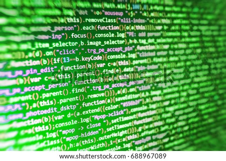 Programmer typing new lines of HTML code. Javascript functions, variables, objects. Computer science lesson. Programmer occupation job. Server logs analysis. Software abstract background. 

