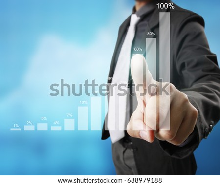 Businessman touching graphs of financial indicator and accounting market economy analysis, display data of growing business and developing quality sales leads with bar graphs on visual screen