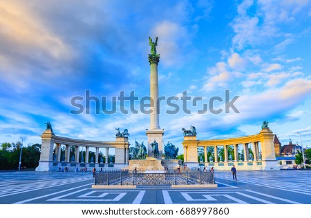 Millennium Monument on the Heroes' Square. Blurred-unrecognizable faces of people. Is one of the most-visited attractions in Budapest squares in Budapest, Hungary. Royalty-Free Stock Photo #688997860