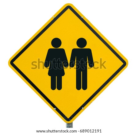 Man and lady icon, Man and lady toilet sign on yellow label, warning signs,Traffic signs, isolated on white background