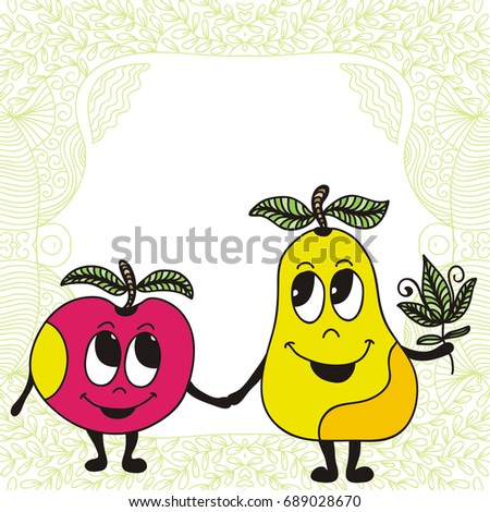 Cute cartoon apple and pear. Vector illustration.