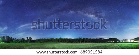 Panorama views of Starry night with Milky Way Galaxy. Image contain Noise and Grain due to High ISO. Image also contain soft focus and blur due to Long exposure and wide aperture.