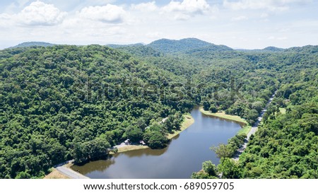 aerial picture from drone: Tropical forest with reservoir in Saraburi province  Thailand, save nature or environmental concept