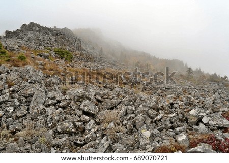 Fog, rock slides. The top of the mountain Alder. Primorye. Russia.