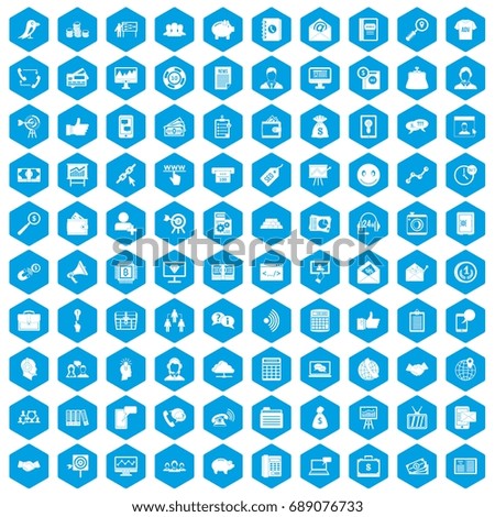 100 viral marketing icons set in blue hexagon isolated vector illustration