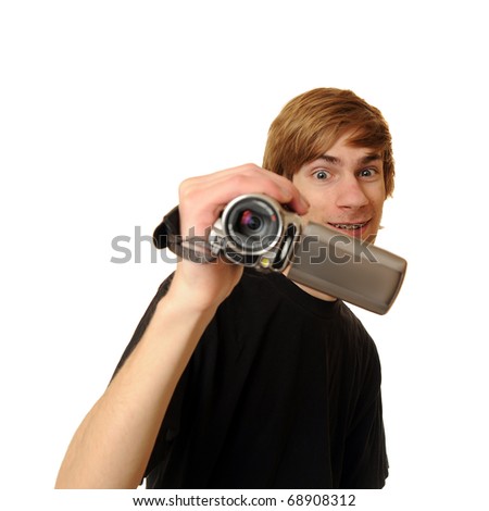 Teen holding a camcorder isolated on white background