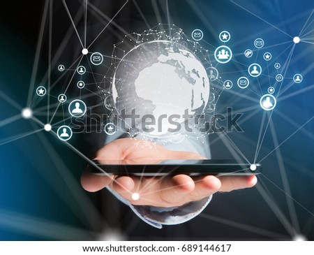 View of a Technology title surounded by device like smartphone, tablet or laptop - Internet and communication concept
