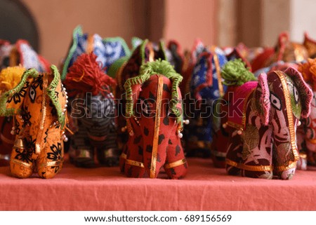 Colorful stuffed elephant souvenirs  for sale in Jaipur, Rajasthan India.
