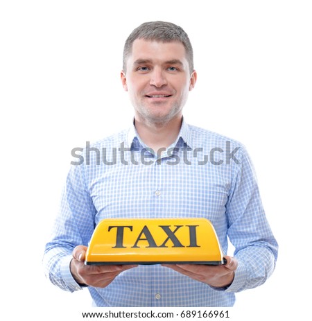 Man with taxi roof light on white background