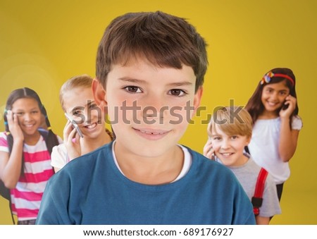 Digital composite of Kids in room on phones with yellow background