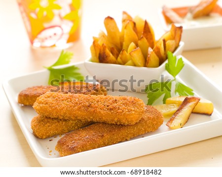 Fish sticks and fried potato on white plate