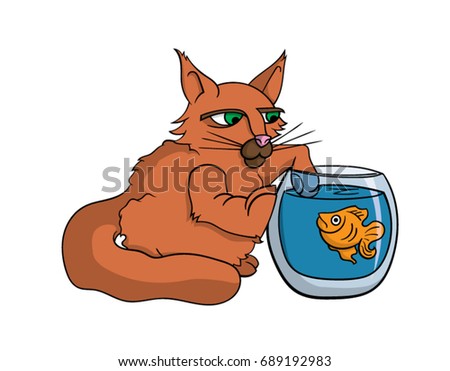 Cartoon cat trying to catch a goldfish from bowl