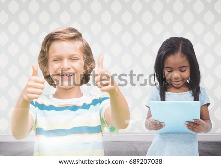Digital composite of kids holding tablet with room background