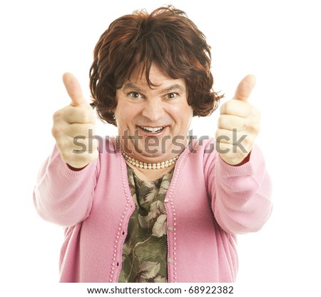 Funny person in wig giving two enthusiastic thumbs up!  Isolated on white.