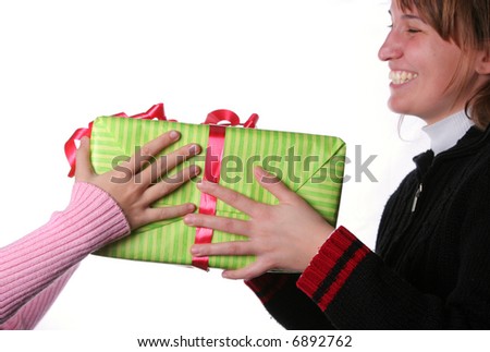 Santa girl give christmas present for her mother