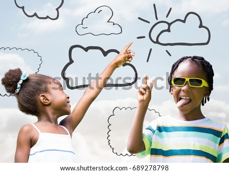 Digital composite of Kids pointing at sky and playing with cloud drawings