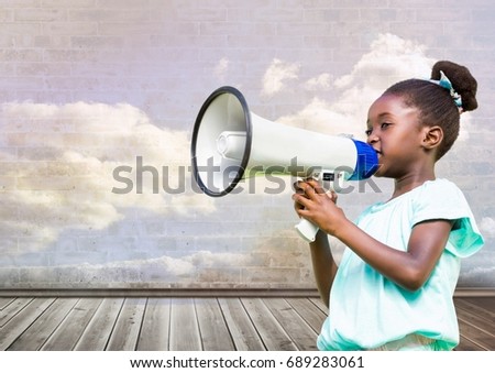 Digital composite of Girl with megaphone in front of cloudy room